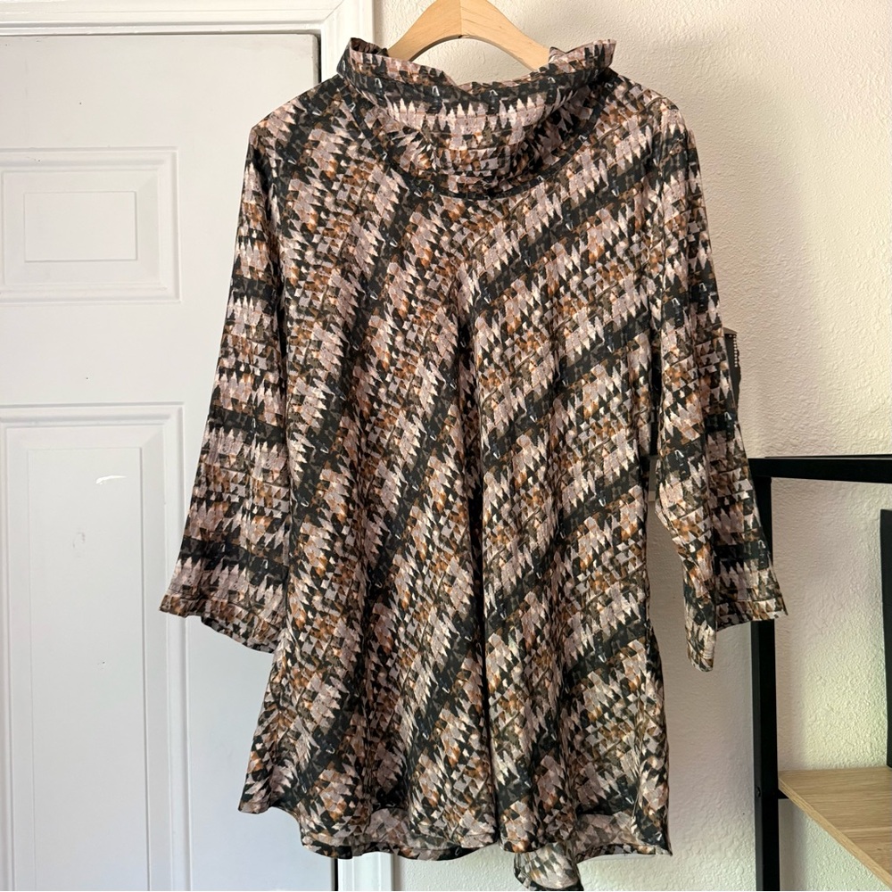 MASAI multicolor watercolor geo print funnel turtleneck long sleeve tunic shirt